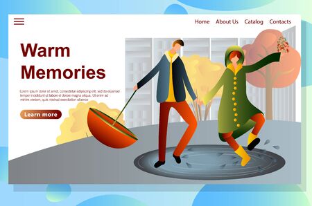 Time together concept. Wet Rainy Autumn or Spring Weather Website Landing Page Set, Drenched People Wear Cloaks and Boots with Umbrellas Walking in Rain, Outdoors Promenade Web Page.のイラスト素材