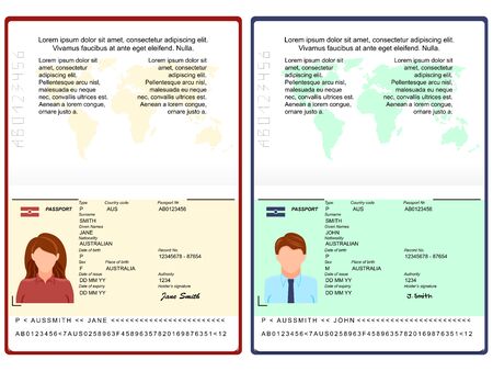 Vector Blank open international passport template. passport with sample personal data page. personal data page with woman photo and man photo . vector illustrationのイラスト素材