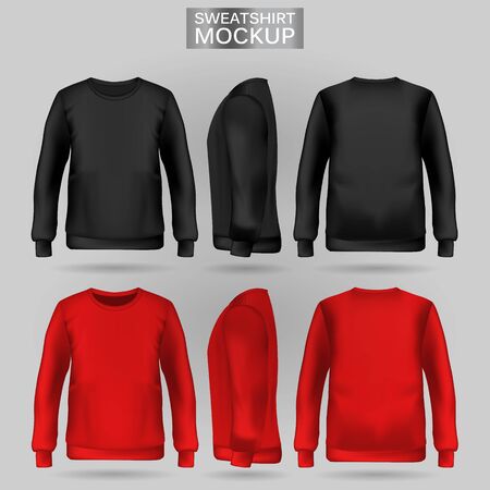 Blank mens red and black sweatshirt in front, back and side views. Vector illustration. Realistic male clothes for sport and urban styleのイラスト素材