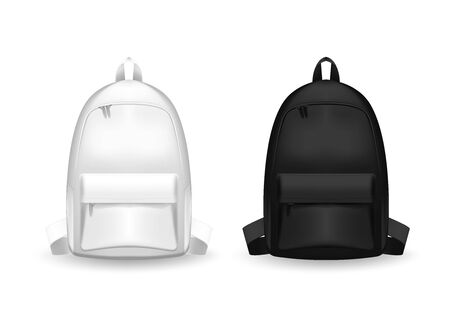 Realistic Detailed 3d Black and white Blank School Backpack. Empty Template Mockup Set of rucksack. Vector illustration of Mock Up Bagのイラスト素材