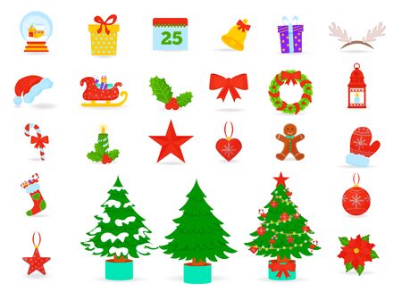 Christmas symbols flat vector icons set. Santa hat, gift boxes and xmas socks. Christmas trees with toys and gingerbread isolated flat vector set. Kids vacation fun and celebration illustrationsのイラスト素材
