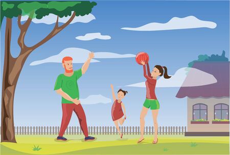 Family time, mother and father play with daughter, family day off, family rest outside, family holidayのイラスト素材