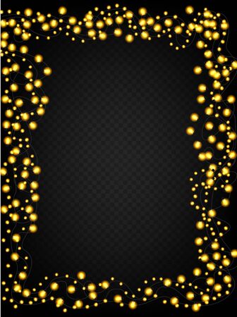 Frame with Garlands, Christmas decorations lights. Glowing lights for Xmas Holiday greeting card design. Christmas decoration realistic luminous garland. Vector design elements.のイラスト素材