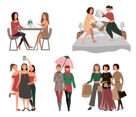 Girls time together, girls having tea, playing with pillows in the bedroom, girls make selfie, fashion look, shopping time, have funのイラスト素材