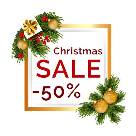 Christmas sale off template with fir tree and decorations. Winter Festive holiday template. Seasonal advertising for banner, posterのイラスト素材