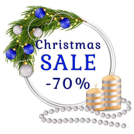 Christmas sale off template with fir tree and decorations. Winter Festive holiday template. Seasonal advertising for banner, posterのイラスト素材