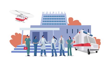 Medical concept with hospital building and doctor in flat style. Panoramic background with hospital building, medical staff, doctors, nurses, ambulance car and helicopter in flat style.のイラスト素材