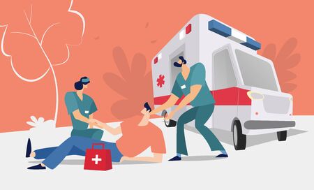 Healthcare providers provide assistance in an emergency. Medical concept with doctors, nurses, and ambulance cars. Flat vector illustration.のイラスト素材