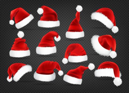 Christmas Santa Claus caps set, vector illustration. Isolated on a transparent background. Realistic Santaâs hat for xmas. Winter clothes.のイラスト素材