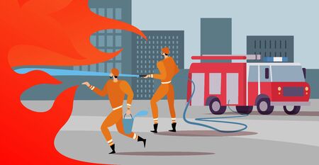 Firefighters are on the mission extinguish the blaze, with a help of fire engine save burning skyscrapers in the city streets. Firefighters service work concept.のイラスト素材