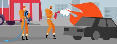 Firefighters are on the mission extinguish the blaze, with a help of fire engine save burning skyscrapers in the city streets. Firefighters service work concept.のイラスト素材