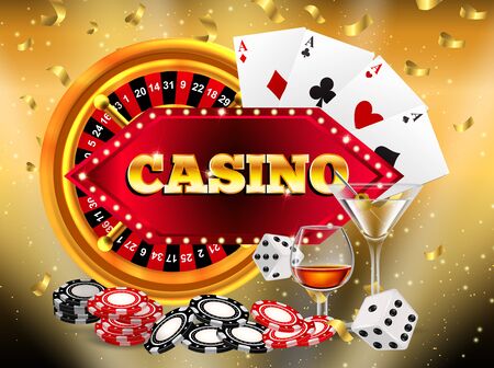 Winner banner with Golden slot machine wins the jackpot. Win congratulations vintage frame, golden congratulating framed sign with gold confetti. Winners of poker, cards, roulette and lottery.のイラスト素材