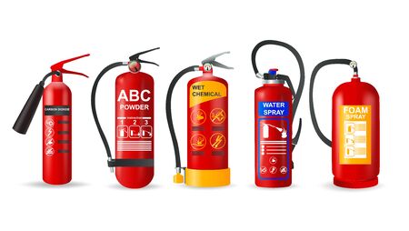 Fire extinguisher vector set. Realistic fire-fighting units and protection of fire on transparent backgroundのイラスト素材