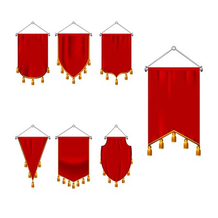 set of red pennant with golden fringe. 3d realistic textile flag, heraldic blank pennant. Award advertising empty banners hanging wall vector fabric templateのイラスト素材