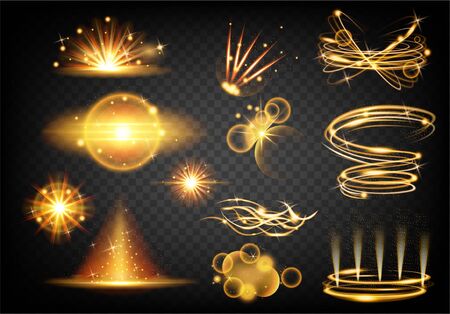 Set of sparkle stardust trail. Light effect. Magic glittering dust waves, golden glowing star trails. Gold shine. Christmas shining light effects. Vector cosmic glittering wave.のイラスト素材