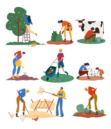 Set of farmers or agricultural workers on the farm with domestic animals. People are working on the garden collecting apples and growing vegetables, gathering hay. Vector illustration.のイラスト素材