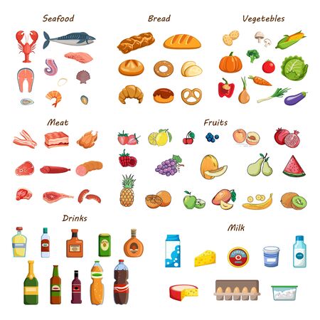 Food set. Collection of various meals, fish and meat, vegetables and fruits, milk and bread. Fresh nutrition design elements. Ingredients for cooking. Isolated vector cartoon icons on white backgroundのイラスト素材