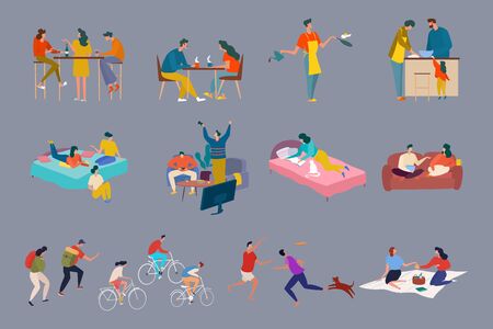 Bundle of people spending time together. Performing outside sports activities and Leisure, cooking in the kitchen, reading the book in bed, are playing video games, sweet home relaxingのイラスト素材