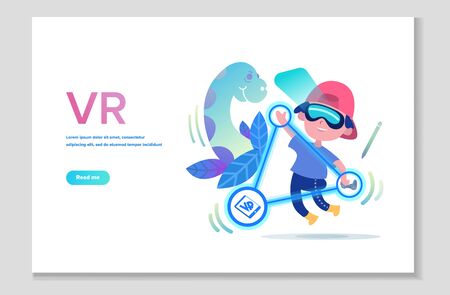 Virtual reality technology. Children in VR headset or VR helmet playing video games. VR glasses technology website page. Vector illustrationのイラスト素材