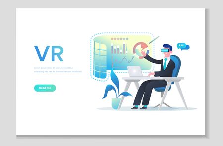 Website page shows all the privileges of using VR technology for presentations, learning and online conferences. Augmented reality concept banner with characterのイラスト素材