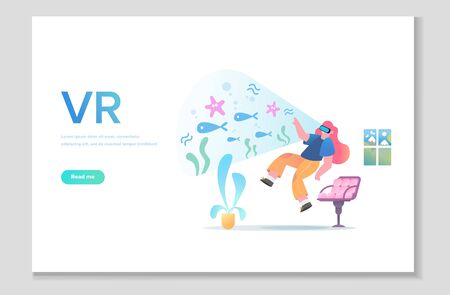 Augmented reality concept banner with character. Can use for web banner. People relax using VR technology. Vector illustration isolatedのイラスト素材