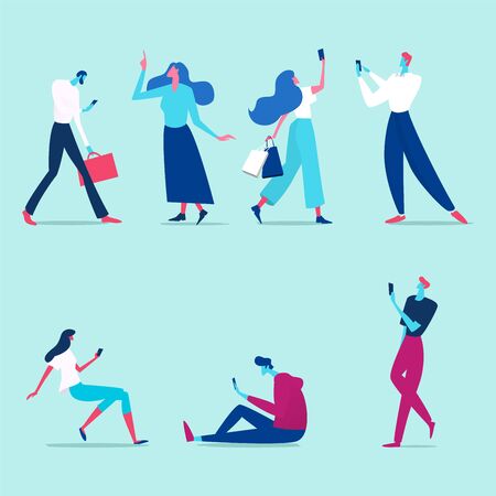 Group of male and female cartoon characters with mobile phones talking, listening to music, taking a selfie. Flat vector illustrationのイラスト素材