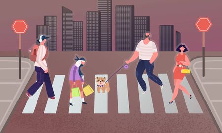 Pedestrians people on the crosswalk in the city. Man walks with a dog, business woman Crosses the road. Men and Women Characters Hurry at Work on Urban Background. Cartoon Flat Vector Illustrationのイラスト素材