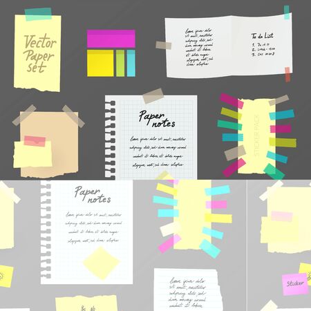 Paper notes on stickers, board, notifications on the fridge, paper notes and stickers, handwritten todo list. Vector blank sticky notepaper posts of meeting reminder, to do list or information boardのイラスト素材