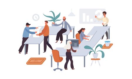 Modern Office space shows working process, cooperation between workers. Group of office workers sitting at desks and communicating or talking to each other. Presentations of business plans graphicsのイラスト素材