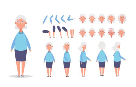 Elderly woman character constructor for animation with various views, poses, gestures, hairstyles and emotions. Cartoon old woman, grandma parts of body ready to use poses. Vector illustrationのイラスト素材