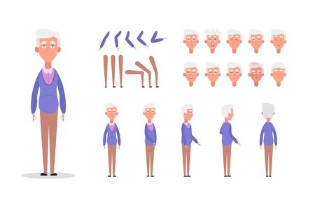 Elderly man character constructor for animation with various views, poses, gestures, hairstyles and emotions. Cartoon old man, grandpa parts of body ready to use poses. Vector illustrationのイラスト素材