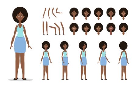 Woman character constructor for animation with various views, poses, gestures, hairstyles and emotions. Cartoon African American woman, female parts of body ready to use poses. Vector illustrationのイラスト素材