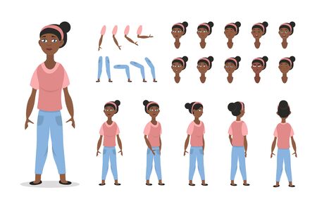 African American girl character constructor for animation with various views, poses, gestures, hairstyles and emotions. Cartoon Young girl, children parts of body ready to use poses. Vectorのイラスト素材