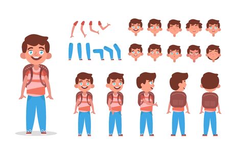Little boy character constructor for animation with various views, poses, gestures, hairstyles and emotions. Cartoon Kid boy, children parts of body ready to use poses. Vector illustrationのイラスト素材
