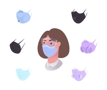 Safety breathing masks. Industrial safety mask, dust protection respirator and breathing medical respiratory mask. Woman wearing medical virus mask protection, Covid-19, Flu, PM 2.5のイラスト素材