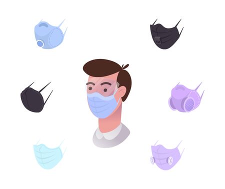 Safety breathing masks. Industrial safety mask, dust protection respirator and breathing medical respiratory mask. Man wearing medical virus mask protection, Covid-19, Flu, PM 2.5のイラスト素材