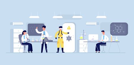 Group of scientists conducting experiments in science laboratory. Scientists chemical researchers working with lab equipment. Scientific research, medical virus lab, biology molecular. Vectorのイラスト素材