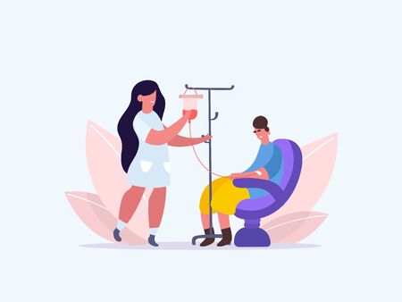 Volunteers in Medical Hospital Donating Blood. woman donate blood. World Blood Donor Day. Female nurse doing a blood test to a patient. Health Care. Vector illustration of a flat designのイラスト素材