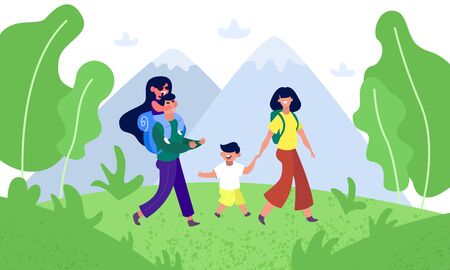 Happy family hiking nature. Father, mother and children are traveling through the mountains landscape. Trekking outdoor adventure vector concept. Active adventure tourism illustrationのイラスト素材