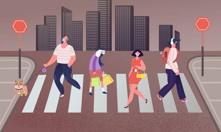 Group of people wearing medical masks to prevent disease in the city. Man walks, business woman Crosses the road. Men and Women Characters Hurry at Work on Urban Background. Vector Illustrationのイラスト素材