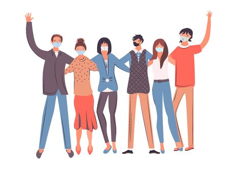 Group of people wearing face masks, air pollution, contaminated air, world pollution. Workers wearing medical masks to prevent disease. Concept of coronavirus quarantine. Vector Illustrationのイラスト素材