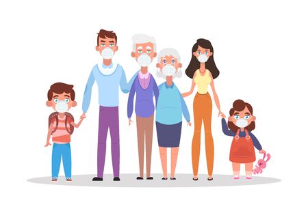 Family wearing protective medical mask to preventing virus Covid-19. People in safety masks stop the spread of viruses. Grandparents Mother Father Daughter Son wearing a surgical mask. Happy parentsのイラスト素材