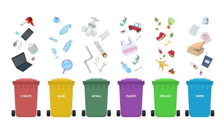 Waste bins. Rubbish bins for recycling different types of waste. Sort plastic, organic, e-waste, metal, glass, paper. Types baskets and garbage vector illustrationのイラスト素材