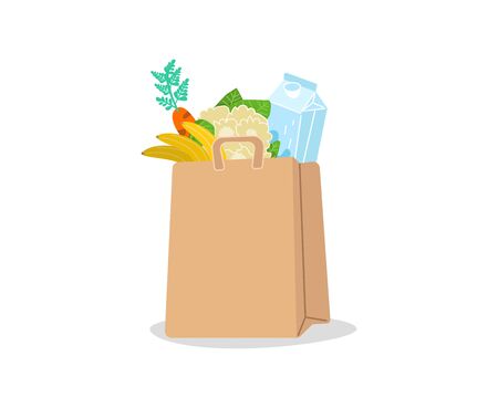 Shopping basket full of groceries products. Grocery store. Eco shopping bags and baskets with food. Vector supermarket illustrationのイラスト素材