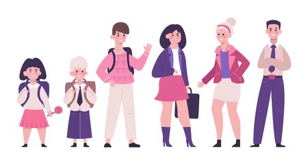 Set of pupils and students standing in different poses with all studying equipment. Cheerful school students, kindergarten pupils cartoon characters. Flat vector illustrationのイラスト素材