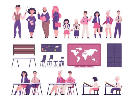 Schoolchildren and teachers classroom set. Talking teachers and joyful children elementary high school, together and their desk world map chairs wardrobe documents bookshelf. Vector clipart graphic.のイラスト素材