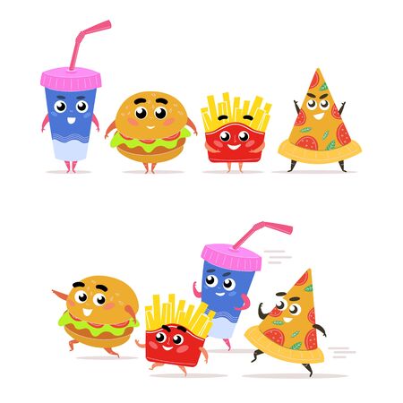 Funny fast food character. Happy hamburger with salad french fries slice pepperoni pizza glass of soda running colorful cheerful fast food, comic quick lunch design. Cartoon vector graphics.のイラスト素材