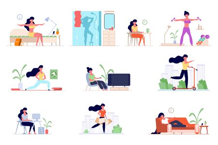 set of daily routine woman. Awakening in the morning, morning exercises, bathing in the shower, breakfast , office work, shopping, watching TV, skateboarding, sleeping. Vector graphics in flat style.のイラスト素材