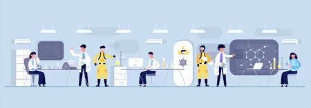 Vaccine development concept. Scientists biochemical laboratory spend bio-genetic tests coronovirus test tubes, analysis research, dna formula, microscope, protective suits. Vector flat illustration.のイラスト素材