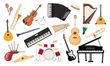 Musical instruments set. Folk classical musical equipment violin, bagpipe harp synthesizer piano saxophone classical and electro guitar accordion balalaika xylophone drum kit. Cartoon color vector.のイラスト素材